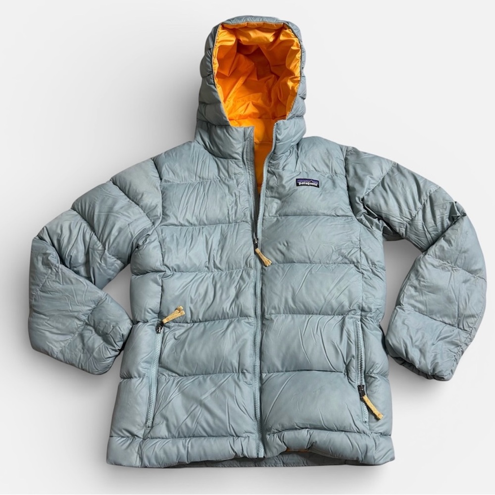 Patagonia Kids High Loft Down Sweater Hoody in Grey & Orange Jacket- size L